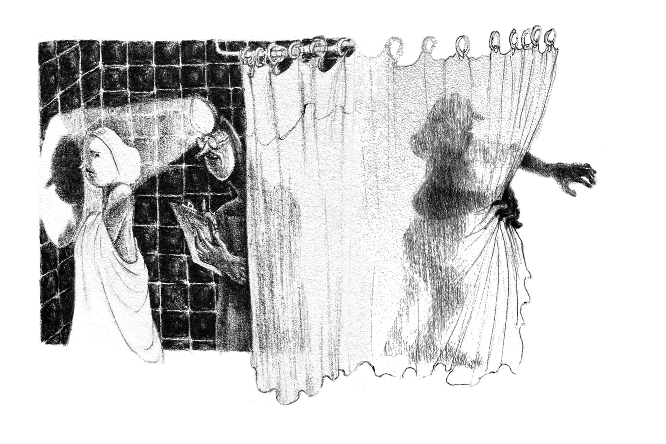 Scene 1:
First, a hospital check-up: in a cramped room, a doctor stands behind a curtain and shines a large round headlamp at a patient’s face, casting their shadow in profile on a tiled wall. The doctor records notes on his clipboard. The patient’s robe slips off their shoulder as they look warily back toward the doctor.

We can hover over the page using an accessibility widget shaped like a circle. It is designed to mimic the function of an x-ray in that it reveals a hidden layer underneath each image. Using this x-ray widget, it is revealed that the patient’s eyes fix upon another shadow on the far right of the image: it is their own shadow, slinking away behind the doctor. It pulls back the privacy curtain and, instead of dissipating, becomes more solid against the light. 