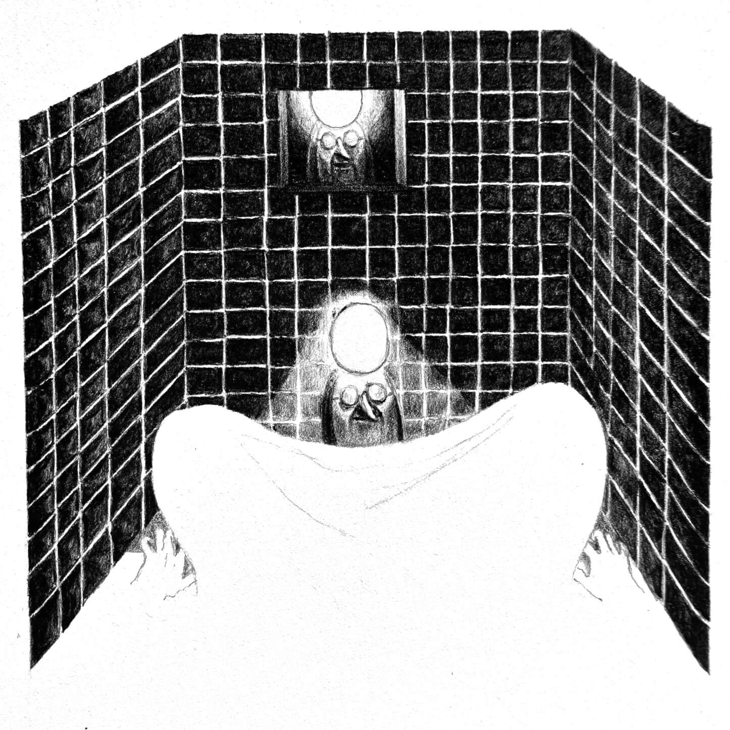 Scene 2:
The same hospital room, spun ninety degrees to an even more claustrophobic angle and seen from the eyes of the patient. Three gridded, tiled walls close in around the doctor. 

At first, he seems to be there alone, but the x-ray widget reveals the patient is there too. The patient lies supine on an elevated table, drawn from the waist down with their knees draped in cloth and hands gripping the table’s edge. The doctor’s head emerges from between the patient’s legs and he stares straight at us, a headlamp illuminating the wall around his smiling face. Directly behind him, an identical doctor with mouth agape is watching through a small dark window.