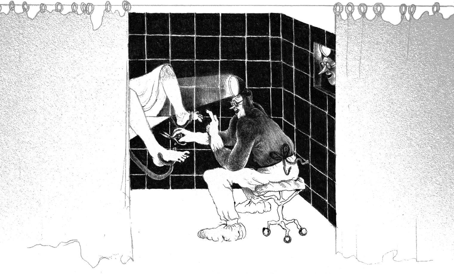 Scene 3:
We’re viewing the room from farther away, between tall curtains that spread to reveal dark tiled walls and the doctor sitting on a three-legged stool. 

The x-ray widget reveals the left side of the image, where the patient seems to float, obscured by the curtain but for their feet in metal stirrups. The doctor brandishes a cutting instrument and gestures with one finger toward the patient’s open legs. No, no.
 
On the right is the same small window and identical grinning doctor, his glasses reflecting the room’s clinical light. 