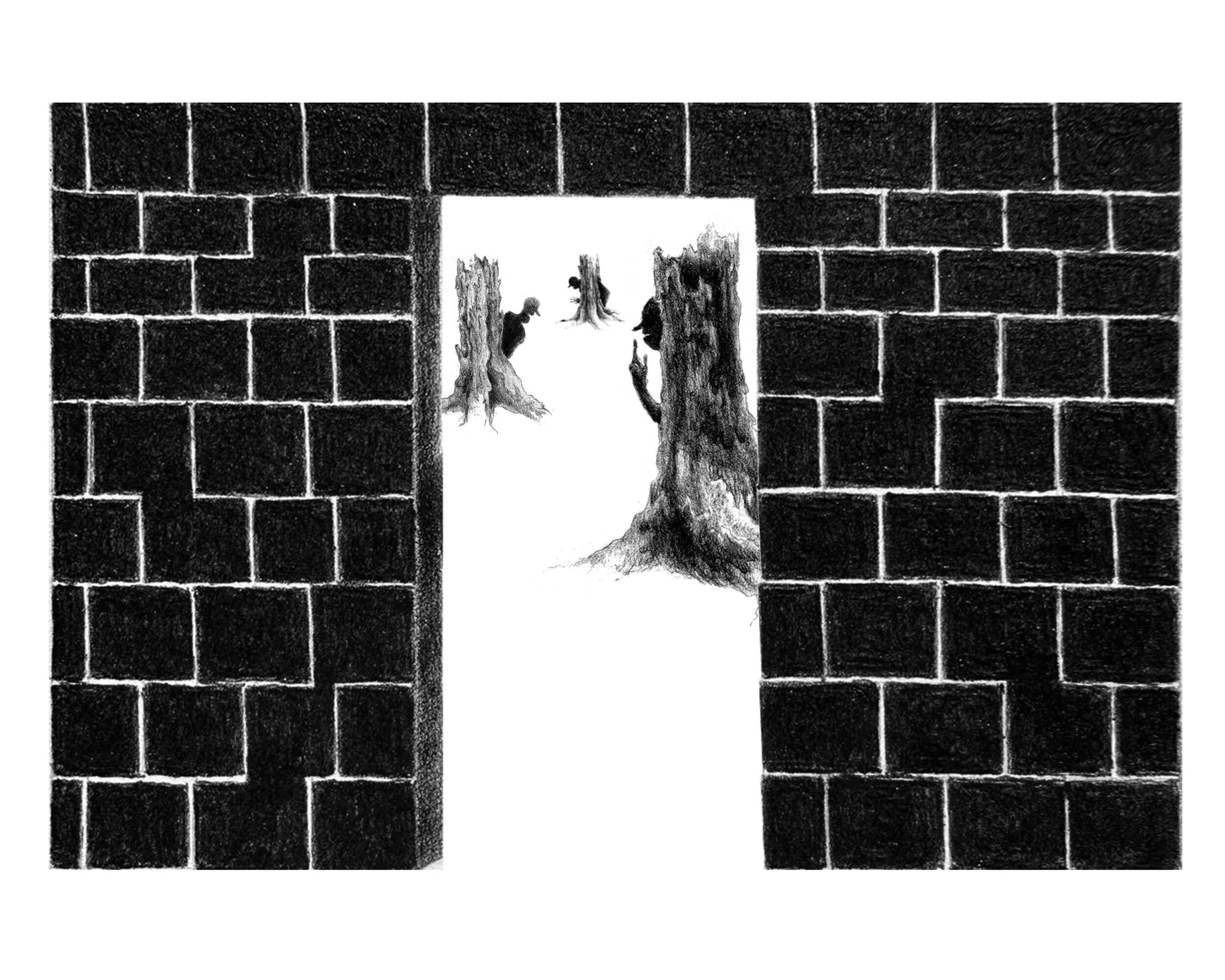 Scene 6:
The poster and doctor are gone. In their place stands a formidable wall and a gridded stone threshold. 
Through the doorway, at first there appears nothing but a blank white space. But the x-ray widget reveals three mischievous shadow figures peering out from behind rotting tree stumps. One holds up a hand to hush the others.