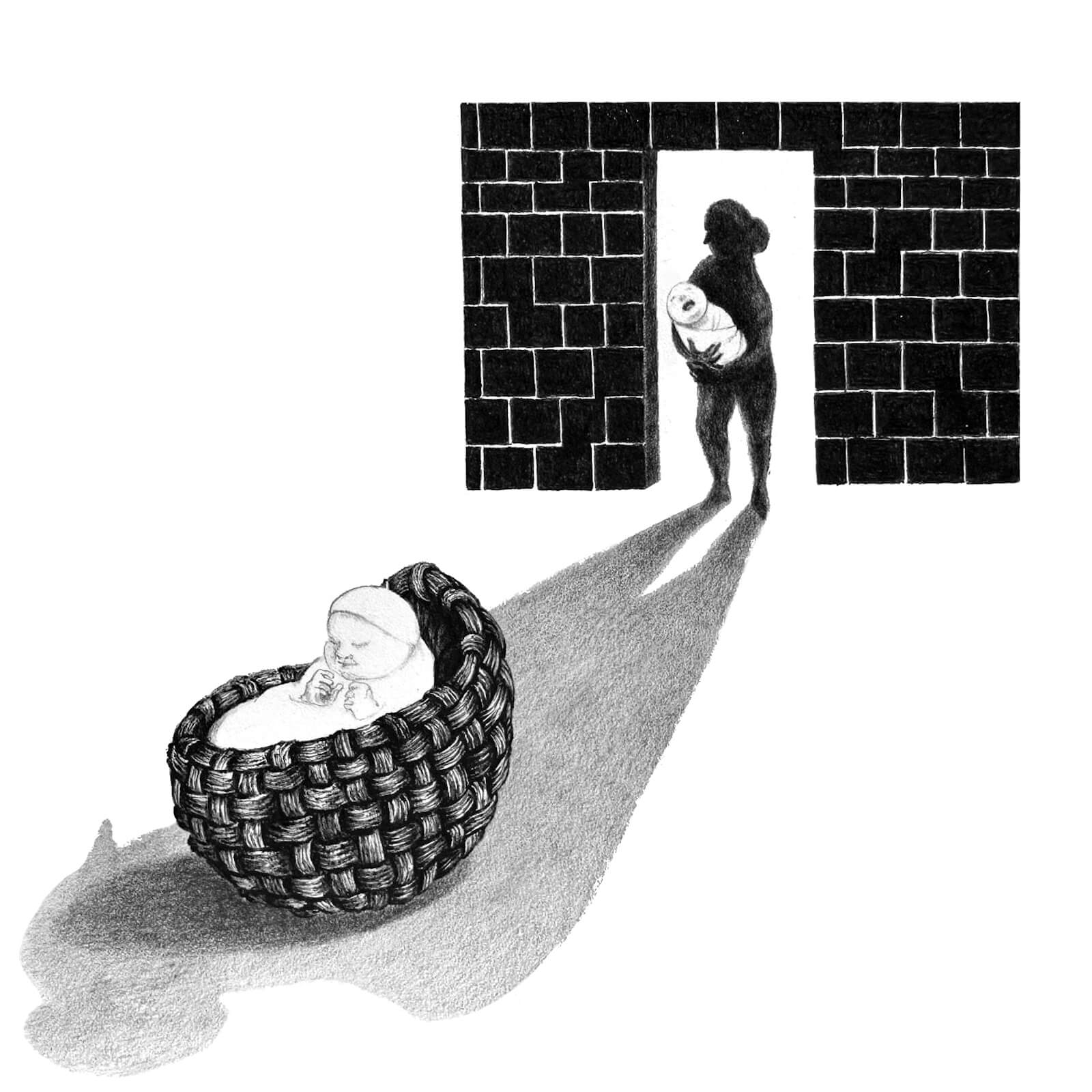 Scene 7: 
We’ve transported inside the hushed home. The room is bare but for a sleeping baby snug under blankets in a woven wicker basket, rocking on the floor.

The x-ray widget shows there is another figure in the room. At the edge of the room, a silhouette stands in a doorway, dark and featureless. Their long pale shadow stretches across the floor and falls over the basket.They are clutching an identical baby in their arms, but this baby is wailing. The wall around them is built of neatly stacked stone.