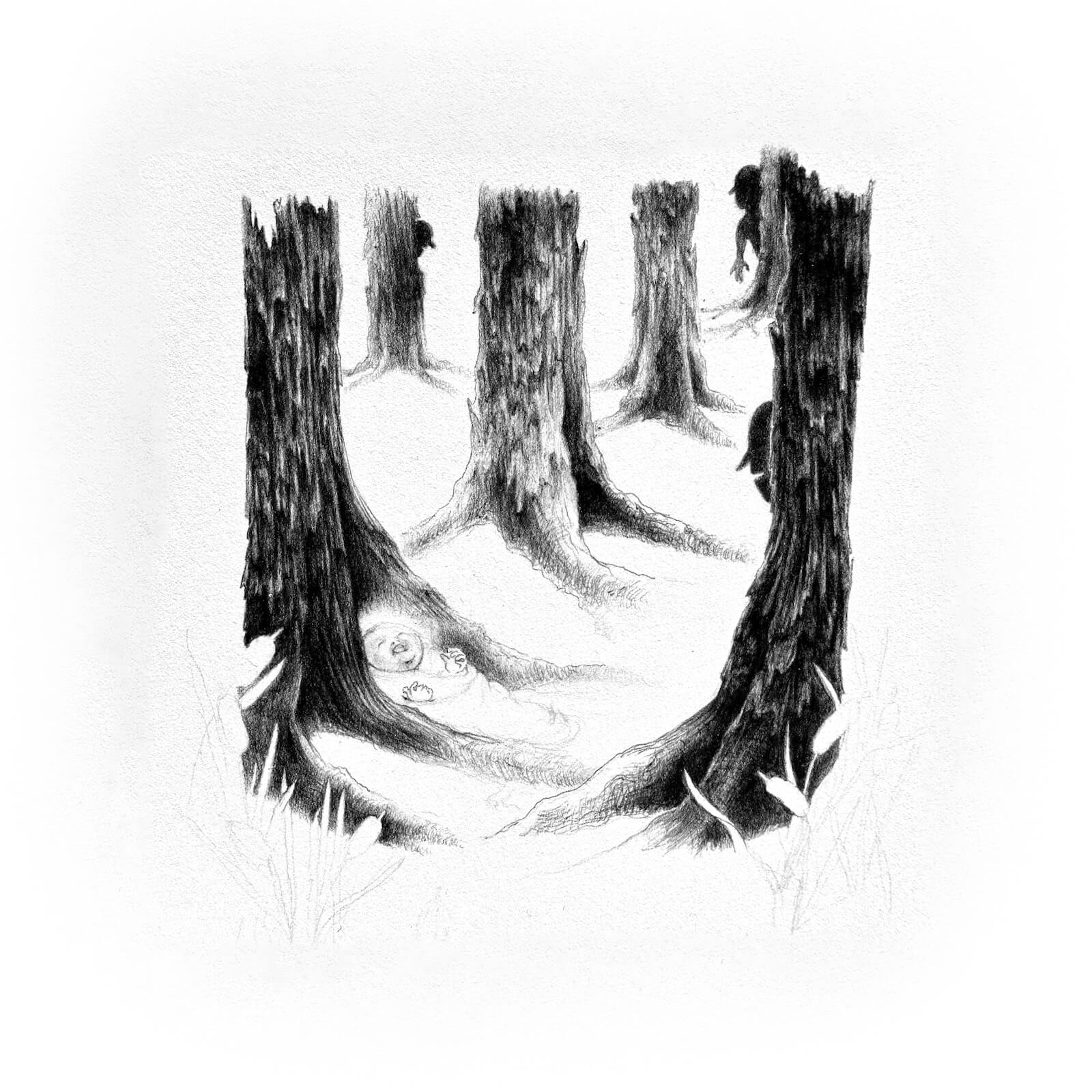 Scene 8:
Outside, the woods: we’re among trunks with ragged scales of bark, shorn before the branches.

Scanning over the image with the x-ray widget, we find hidden figures: a crying baby has been left nestled in the roots of a northern oak. Shadows of curious faces peek out from behind the trees and cattail reeds. They’re quieting each other, waiting. 